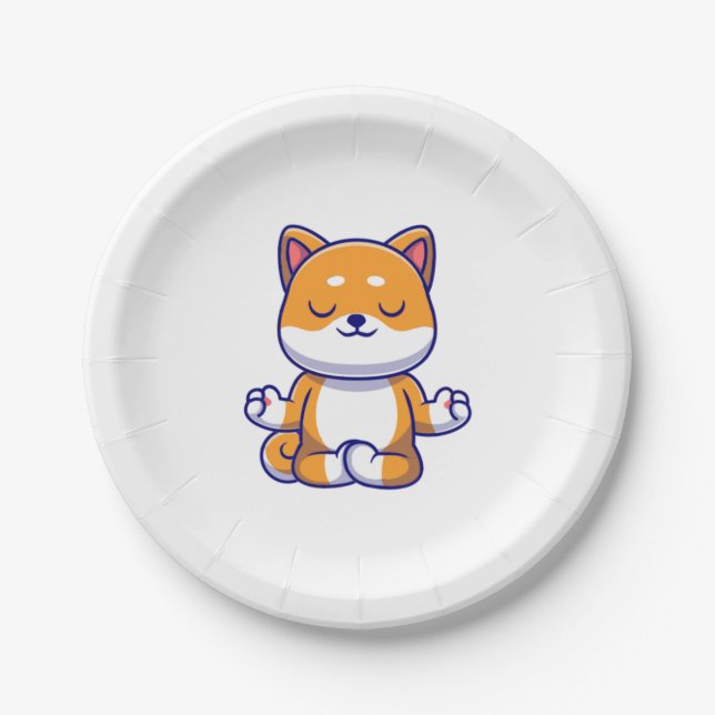Cute shiba inu dog doing yoga meditation cartoon   paper plate (Front)