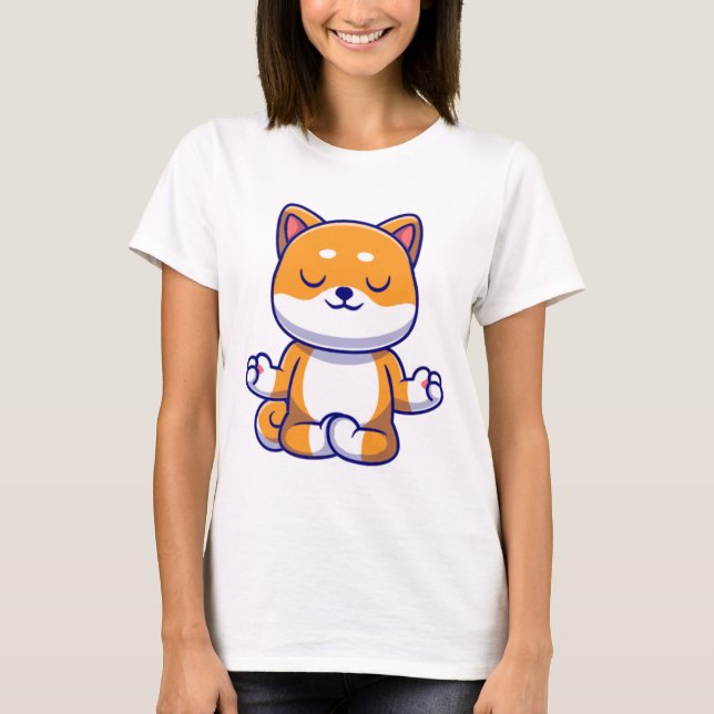 Cute shiba inu dog doing yoga meditation cartoon   T-Shirt (Front)