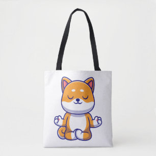 Cute shiba inu dog doing yoga meditation cartoon   tote bag