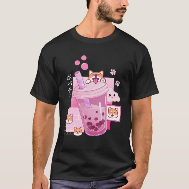 Cute Shiba Inu Dog Drink Milk Tea Boba Anime Japan T-Shirt (Front)
