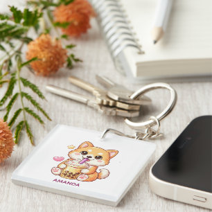Cute Shiba Inu Dog Drinking Bubble Tea Add Name Key Ring