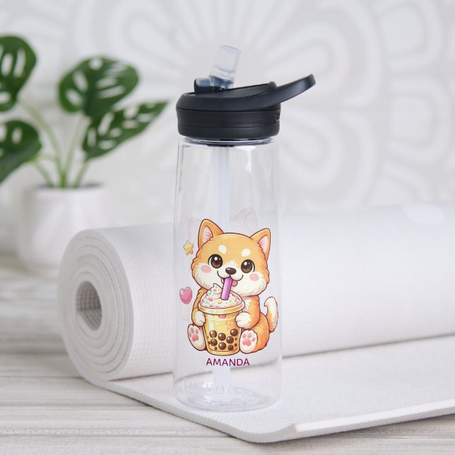  Cute Shiba Inu Dog Drinking Bubble Tea Add Name Water Bottle (Yoga (Rotated))