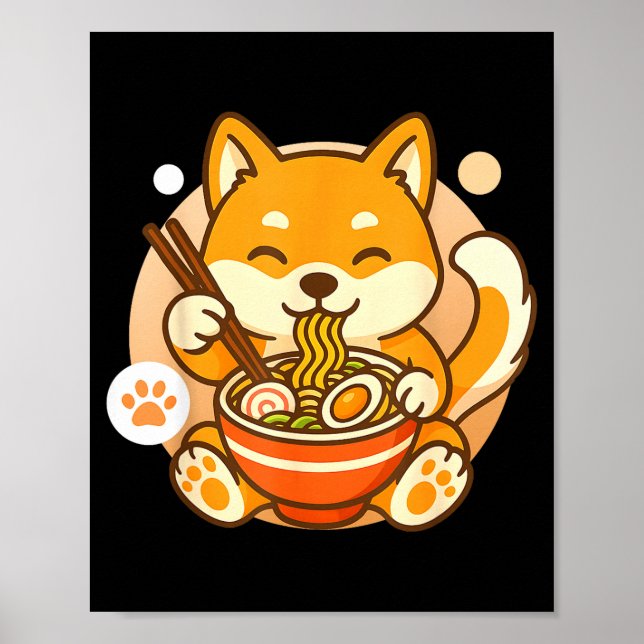 Cute Shiba Inu Dog Ramen Noodles Bowl Anime Kawaii Poster (Front)