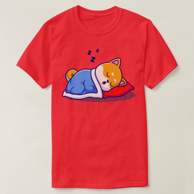 Cute Shiba Inu Dog Sleeping With Pillow And Blanke T-Shirt (Design Front)