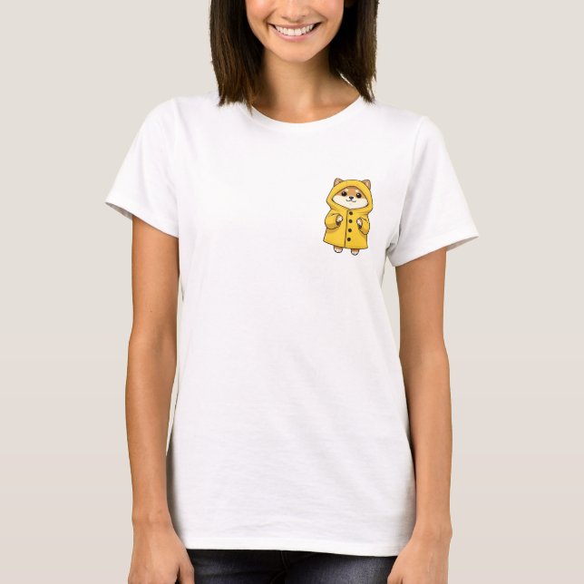 Cute Shiba Inu Dog Wearing Yellow Raincoat Cartoon T-Shirt (Front)