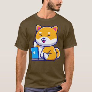 Cute Shiba Inu Dog With Laptop Cartoon T-Shirt