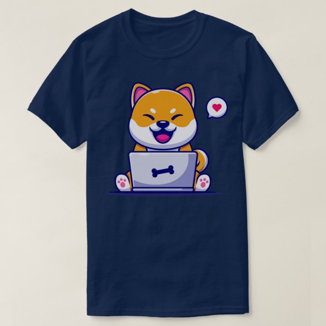 Cute Shiba Inu Dog Working On Laptop Cartoon1 T-Shirt (Design Front)