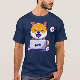 Cute Shiba Inu Dog Working On Laptop Cartoon1 T-Shirt