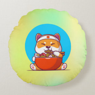 Cute Shiba Inu Eating Ramen Noodle Cartoon-23054 Round Cushion