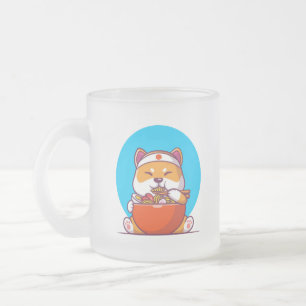 Cute Shiba Inu Eating Ramen Noodle Cartoon Frosted Glass Coffee Mug
