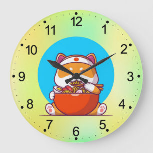 Cute Shiba Inu Eating Ramen Noodle Cartoon Large Clock