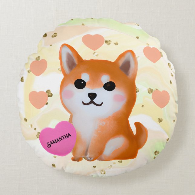Cute Shiba Inu Hearts | For Dog Lover Round Cushion (Front)