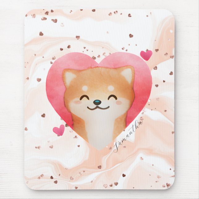 Cute Shiba Inu in a Heart Mouse Mat (Front)