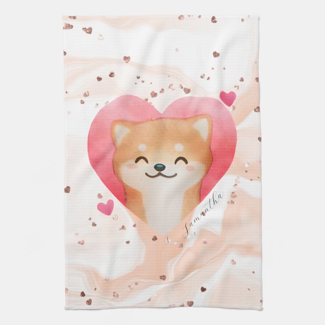 Cute Shiba Inu in a Heart Tea Towel (Vertical)