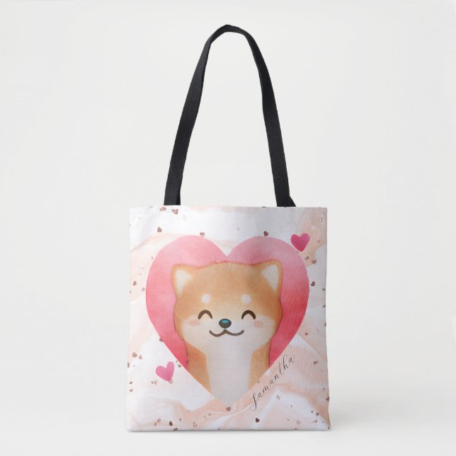 Cute Shiba Inu in a Heart Tote Bag (Front)