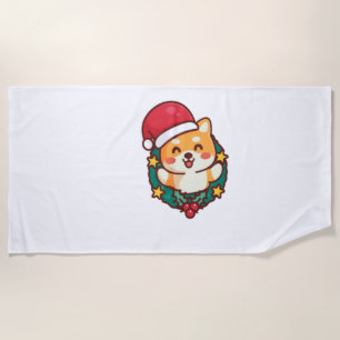 Cute Shiba Inu Smiling with Xmas Hat Active Beach Towel