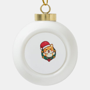 Cute Shiba Inu Smiling with Xmas Hat Active Ceramic Ball Christmas Ornament