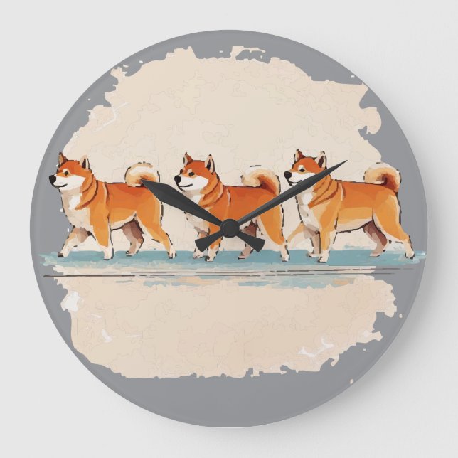 cute shiba inu walking in line large clock (Front)