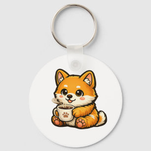 Cute Shiba Inu with Coffee – Cosy Dog Illustration Key Ring