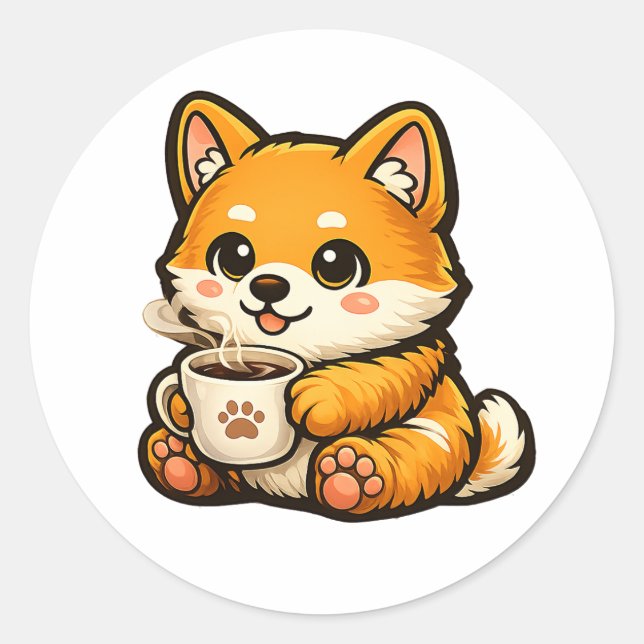 Cute Shiba Inu with Coffee – Cozy Dog Illustration Classic Round Sticker (Front)