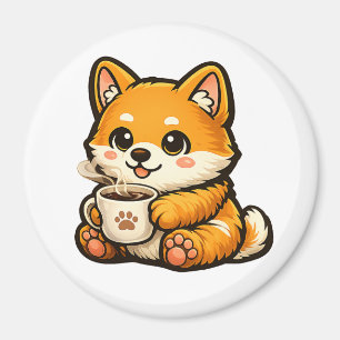 Cute Shiba Inu with Coffee – Cozy Dog Illustration Magnet