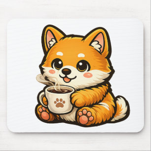 Cute Shiba Inu with Coffee – Cozy Dog Illustration Mouse Mat