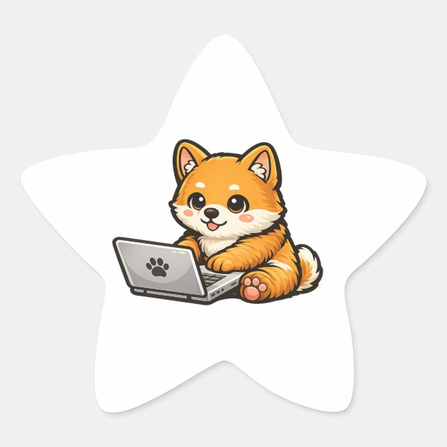 Cute Shiba Inu with Laptop – Cozy Dog Design Star Sticker (Front)