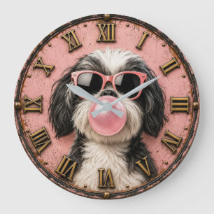 Cute Shih Tzu Blowing Pink Bubble Gum Large Clock