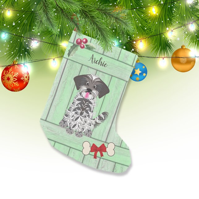 Cute Shih Tzu Boy Green Wood Monogram Small Christmas Stocking (Creator Uploaded)