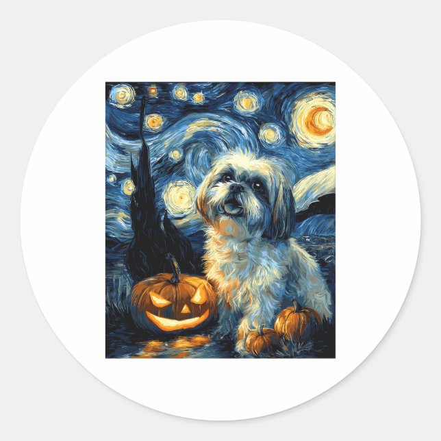 Cute Shih Tzu Dog Halloween Jack O Lantern Pumpkin Classic Round Sticker (Front)