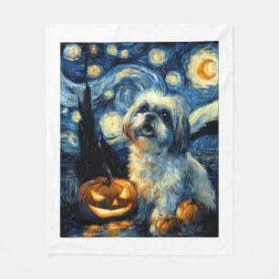 Cute Shih Tzu Dog Halloween Jack O Lantern Pumpkin Fleece Blanket