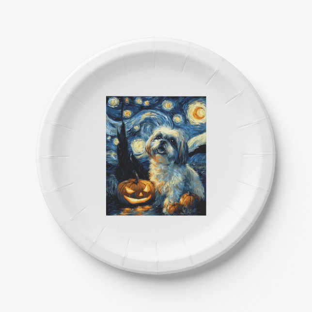 Cute Shih Tzu Dog Halloween Jack O Lantern Pumpkin Paper Plate (Front)