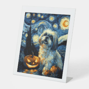 Cute Shih Tzu Dog Halloween Jack O Lantern Pumpkin Pedestal Sign
