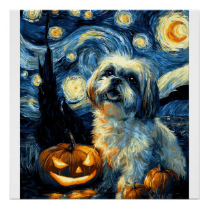 Cute Shih Tzu Dog Halloween Jack O Lantern Pumpkin Poster