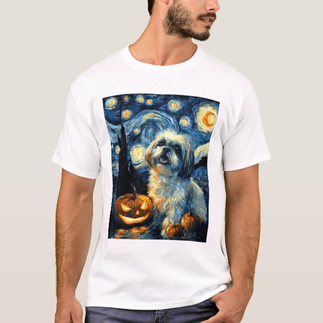 Cute Shih Tzu Dog Halloween Jack O Lantern Pumpkin T-Shirt (Front)