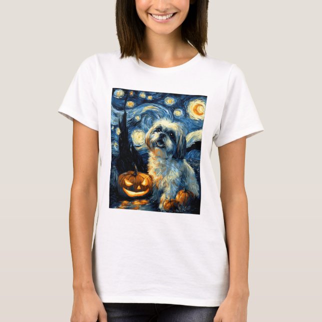 Cute Shih Tzu Dog Halloween Jack O Lantern Pumpkin T-Shirt (Front)