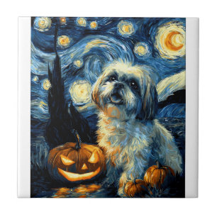 Cute Shih Tzu Dog Halloween Jack O Lantern Pumpkin Tile