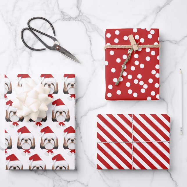 Cute Shih tzu Dog & Red Striped Christmas Wrapping Paper Sheet (Front)