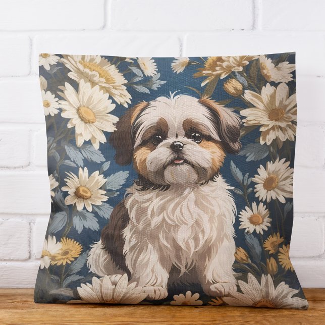 Cute Shih Tzu Dog White Daisy Flowers  Cushion (Creator Uploaded)