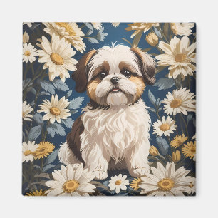 Cute Shih Tzu Dog White Daisy Flowers  Magnet