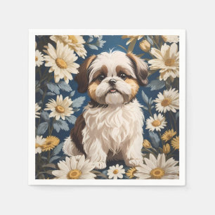Cute Shih Tzu Dog White Daisy Flowers Napkin