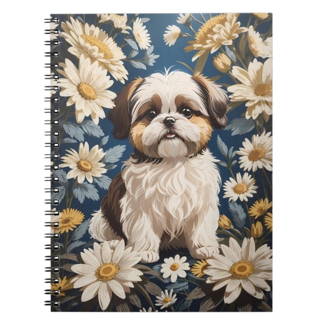 Cute Shih Tzu Dog White Daisy Flowers Notebook (Front)