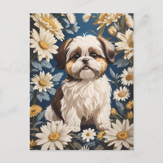 Cute Shih Tzu Dog White Daisy Flowers  Postcard (Front)
