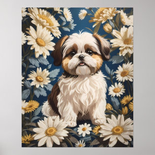 Cute Shih Tzu Dog White Daisy Flowers  Poster