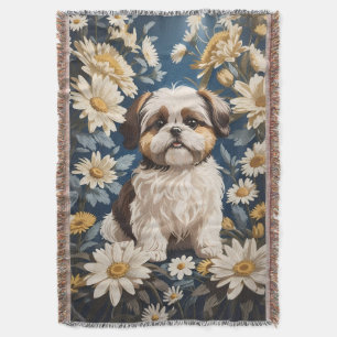 Cute Shih Tzu Dog White Daisy Flowers Throw Blanket