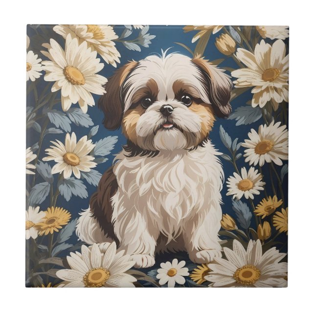 Cute Shih Tzu Dog White Daisy Flowers  Tile (Front)