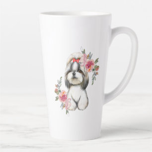 Cute Shih Tzu Dog with Flowers Watercolor Art Latte Mug