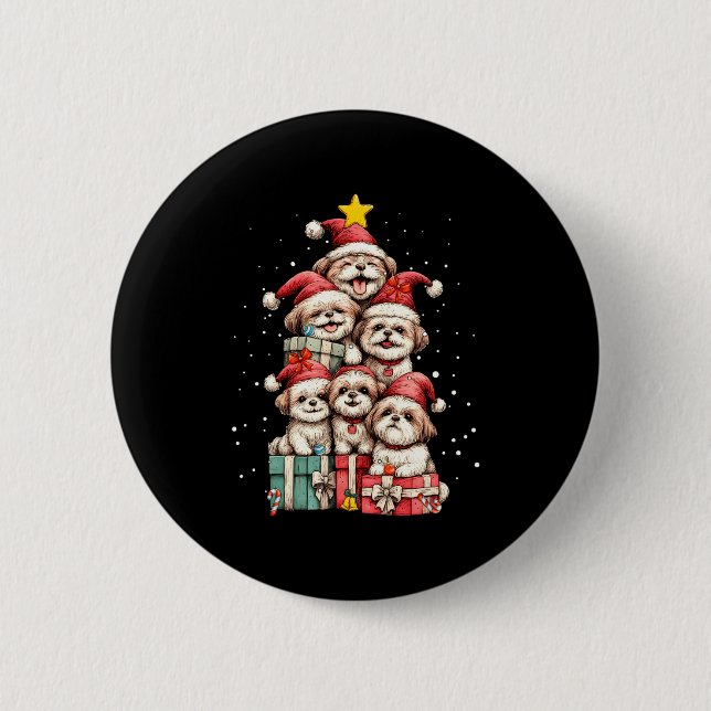 Cute Shih Tzu Le Dog Christmas Tree Xmas Hat Long  6 Cm Round Badge (Front)