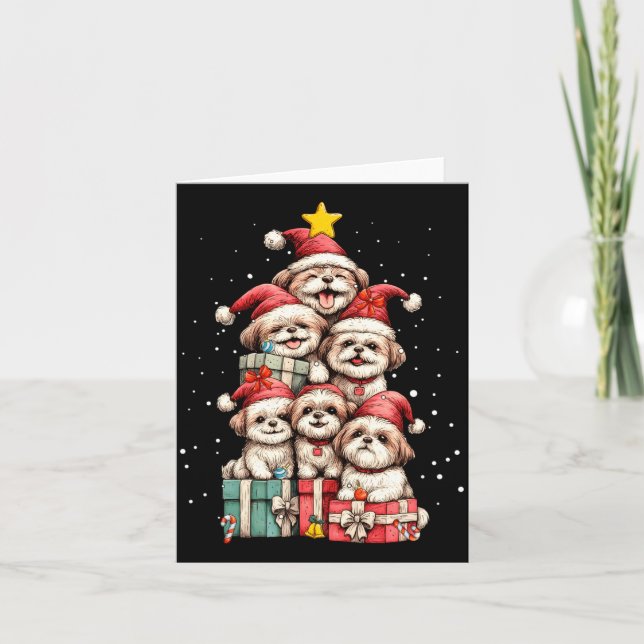 Cute Shih Tzu Le Dog Christmas Tree Xmas Hat Long  Card (Front)