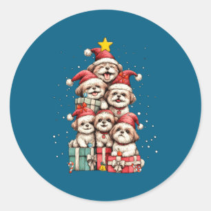 Cute Shih Tzu Le Dog Christmas Tree Xmas Hat Long  Classic Round Sticker